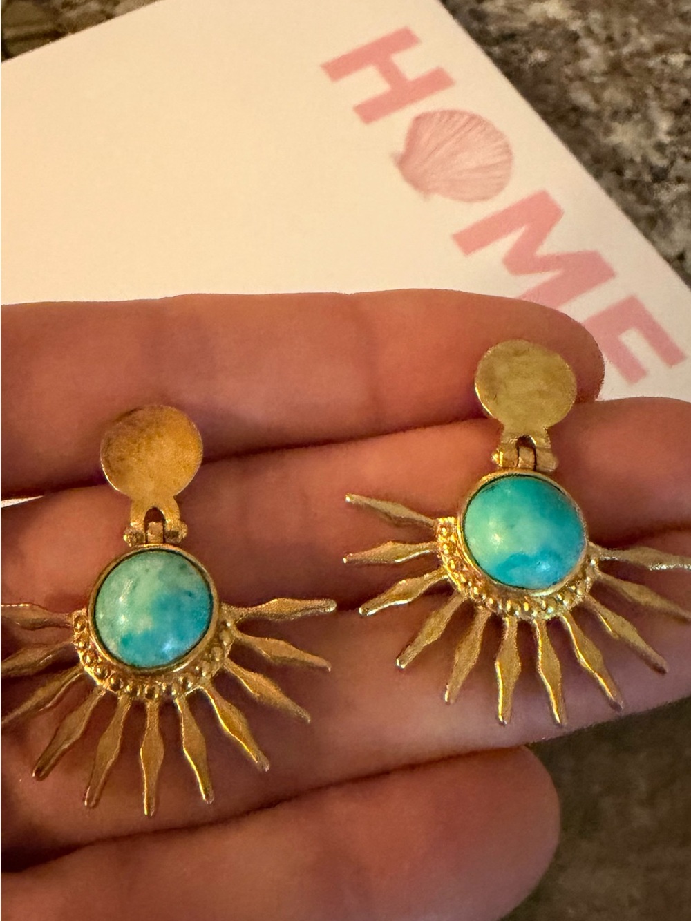 Turkish Gold Played Sunburst Drop Earrings with Turquoise-Colored Natural Stone - Picture 3 of 5